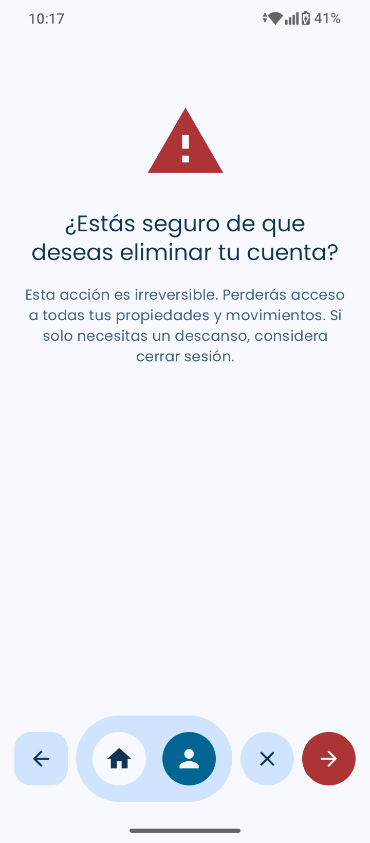 Pantalla de Eliminar Cuenta